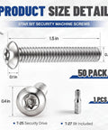 Snag This Solid 50 Pack Of 1/4-20 X 1-1/2 Inch Security Machine Screws With Matched T-27 Bit shown with size details.