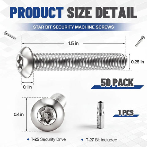 Snag This Solid 50 Pack Of 1/4-20 X 1-1/2 Inch Security Machine Screws With Matched T-27 Bit shown with size details.