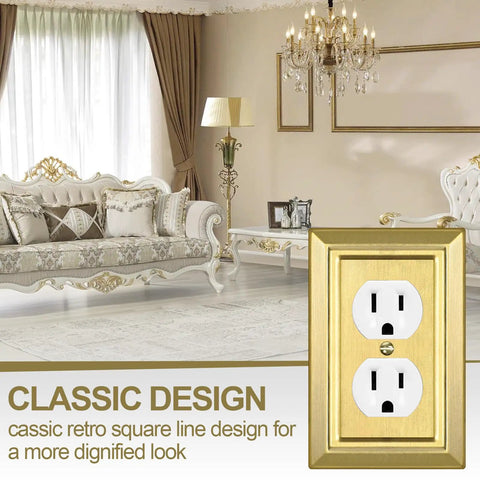 Gold Brass Metal Wall Plate For Electrical Outlets And Light Switches 1 Gang Duplex Cover in elegant living room setting