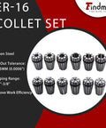 ER16 Collet Set 12Pcs One Thirty Second To Three Eighth Inch Spring Collets Displayed in a Circle with Specifications Shown