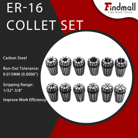 ER16 Collet Set 12Pcs One Thirty Second To Three Eighth Inch Spring Collets Displayed in a Circle with Specifications Shown