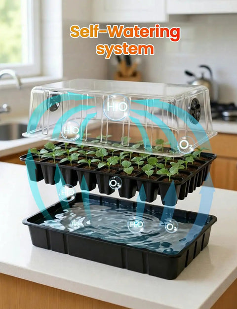 Full Spectrum LED Grow Light Seed Starter Kit With 80 Cell Tray, 30W Heating Mat And Adjustable Dome, showing self-watering system