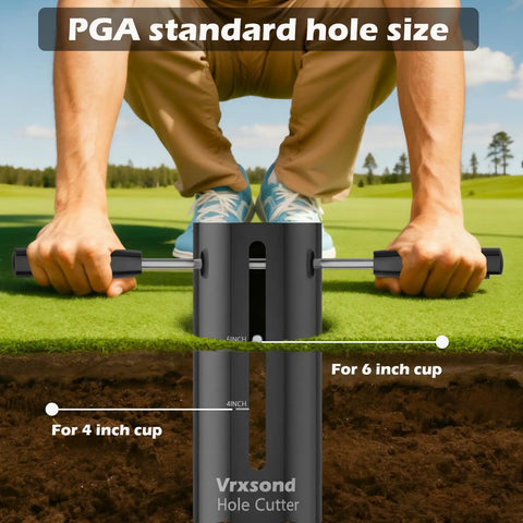 Pro Grade Portable Golf Hole Cutter Kit With 4 Inch And 6 Inch USGA Standard Holes being used on a lawn by a person