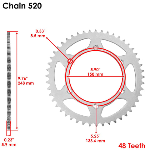 Beefed Up O Ring Drive Chain And Sprockets Kit For Kawasaki KX250F 2006 2007 2008 2009 2010 showing rear 48 tooth sprocket dimensions