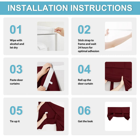 Installation instructions for Door Blackout Curtain With Self Stick Straps No Drill Easy Fit One Panel Burgundy Red 26 By 40 Inches Kit Included Room Darkening Light Blocking Insulating Sidelight Drapes For Doors And Windows.