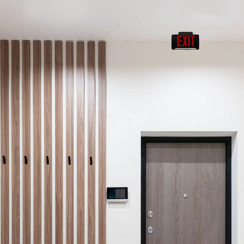Ultra Bright Battery-Backed LED Exit Sign With Indoor Emergency Lighting And Chevron Arrow above door, black housing