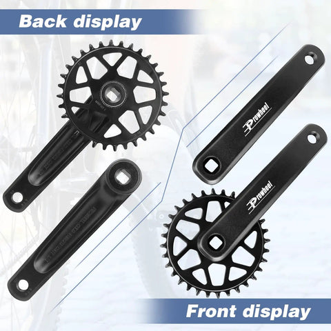 Back and front display of 32T Chainring Crank Set With 170mm Arm For Mountain Bikes And Student Bicycles, Narrow Wide Drop Stop Design Prevents Chain Drops, Steel Chainring And Aluminum Arm, Fits 6 To 10 Speed Freewheel.