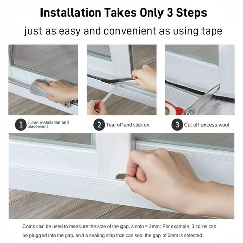 Ligiyoto gray window weather-stripping door seal; installation steps collage; self-adhesive, 0.35 in W x 0.2 in T, 33 ft