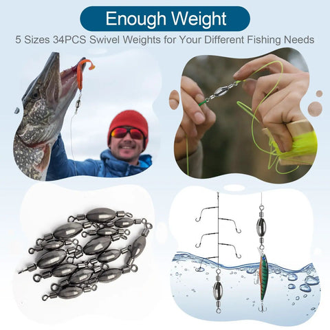 Collage of 34Pcs Fishing Weights With Rolling Swivel Brass Sinkers 2 In 1 Tackle Kit details and usage in fishing setups