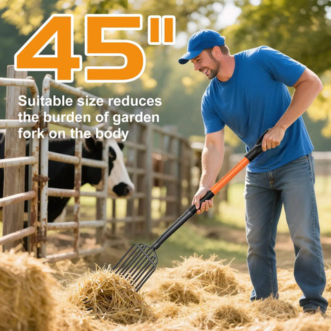 Wide Head Pitch Fork For Manure And Hay, Beefy Heavy Duty 14.96 Inch Head With 10 Tines, Unbreakable Fiberglass Handle in use