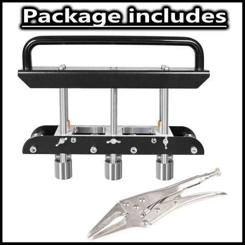 Package includes Three Station Edge Roller Bender for Sheet Metal Beading and pliers, showing three stations and handle