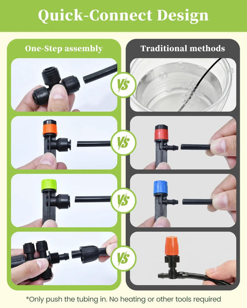 Drip Irrigation System With Quick Connect Garden Watering Kit featuring step-by-step guide for assembling adjustable emitters.