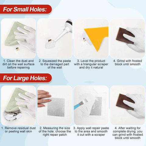 Instructions for using the 2 Pack Drywall Repair Kit With Quick Dry Spackle For Patching Holes And Cracks in home walls.