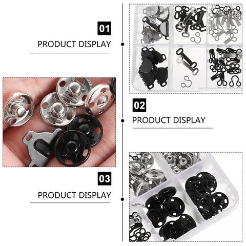 100 Piece Brass Pants Hook Fastener Kit For Clothing Repair And DIY Garment Accessories Snaps Clasps Hooks And Hand Sewing Tools For Trousers And Crafts, assorted brass and black fasteners in organizer trays