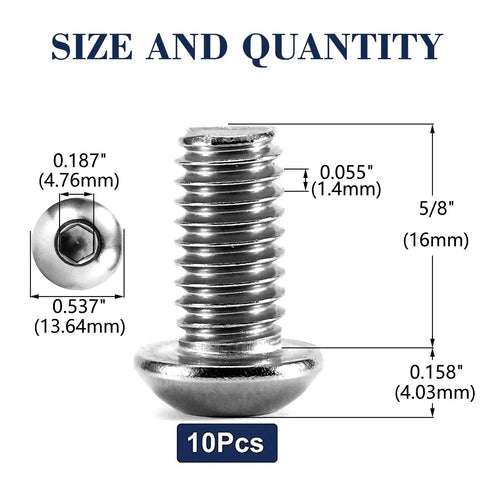 Rugged Out 304 Stainless Steel Button Head Socket Cap Bolts, 5/16-18 X 5/8 Inch, 10 pack size and measurements detail.