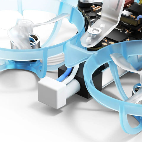 Close-up of ELRS V3 Air65 Brushless Whoop Quadcopter Ultralight 1S 65mm Tiny Micro Drone with C03 FPV Camera showing blue frame.
