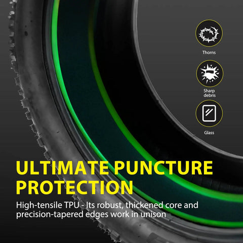 Fat Tire Liners 2 Pack TPU Tube Protection For Fat Bikes And E Bikes, showing puncture protection against thorns, sharp debris, and glass.