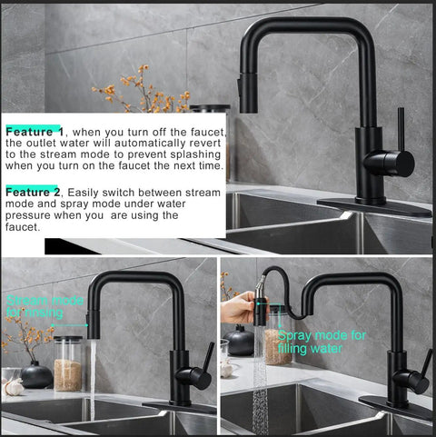 Matte Black Kitchen Faucet With Pull Out Sprayer, Single Handle Stainless Steel Sink Fixture with swivel spout and spray modes