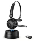Bluetooth Headset With AI Noise Canceling Microphone, wireless on-ear, with charging stand and USB dongle, black.