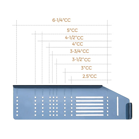 Cabinet Handle Template Tool For Drawer Knobs And Pulls, Adjustable Drill Mounting Guide With Center Marks For 2.5 3 3.5 3.75 4 4.5 5 And 6.25 Inch Handles, showing hole centers.
