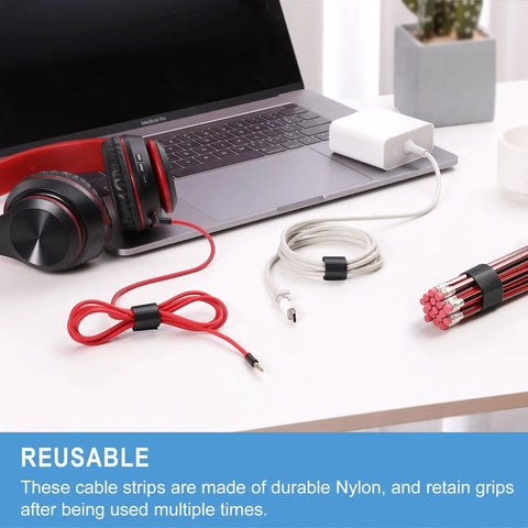 Eight Inch Reusable Cable Ties With Hook And Loop Wraps For Easy And Slick Cable Management And Cord Organization Adjustable Nylon Straps Durable Indoor Use 100 Pack Handy Set For Home Office Entertainment Center And Tech Setup used on cables and wires on desk with laptop and headphones