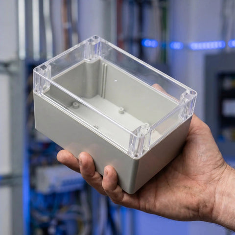 Weatherproof Outdoor Electrical Junction Box With Hinged Cover For Industrial Wiring And Control Systems Plastic Enclosure For No Fuss Tool Free Access Durable All Weather Wiring Box For Equipment Installation And Maintenance, clear lid held in hand
