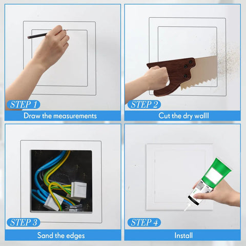 Step-by-step installation guide showing 2 Pack 8 By 8 Inch White PVC Plumbing Access Panel For Drywall.