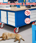 Blue workbench with 8 Inch Heavy Duty Industrial Caster Wheels Set Of 4 With Dual Ball Bearings Solid Polyurethane Wheels 6000 LB Capacity Plate Swivel Casters For Cart Machine Industrial Applications; dog lying nearby.