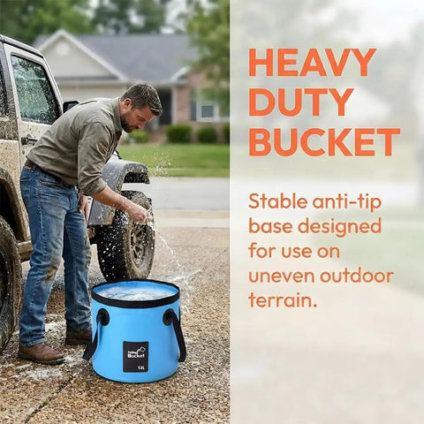 Man using Collapsible Car Bucket With Handle Foldable 3.2 Gallon Water Storage Container beside SUV