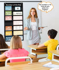 Teacher using Hands On Number Of The Day Pocket Chart Set With 66 Erasable Math Cards And Pen Boho Style Classroom Decor for math lesson.