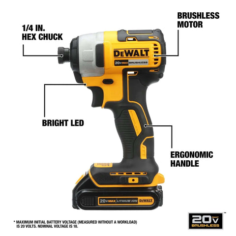 Kick-Ass 20V Max Brushless Cordless 3-Tool Combo Kit featuring quarter inch impact driver with brushless motor and ergonomic handle.