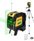 Laser Level With Tripod And Plumb Dots 100 Ft Green Laser Self Leveling Kit with dual laser heads and tripod in a construction setup