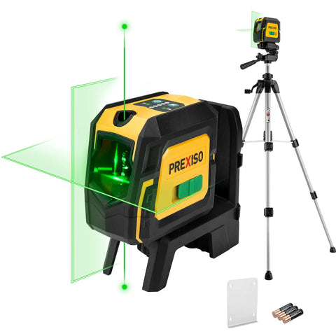 Laser Level With Tripod And Plumb Dots 100 Ft Green Laser Self Leveling Kit with dual laser heads and tripod in a construction setup
