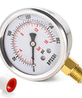 Glycerin Filled Pressure Gauge 0 To 230 Psi For Pool Pumps And Air Compressors With A Two And A Half Inch Dial Lower Mount One Quarter Inch NPT Stainless Steel Case Dual Scale Readout For Water Oil And Air Pressure Tests. showing white dial and brass fitting