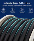 Close-up of 1 Inch By 50 Foot Fuel Hose Reel With Spring Driven Retractable Design, showcasing black rubber hose coiled on reel, 300 PSI