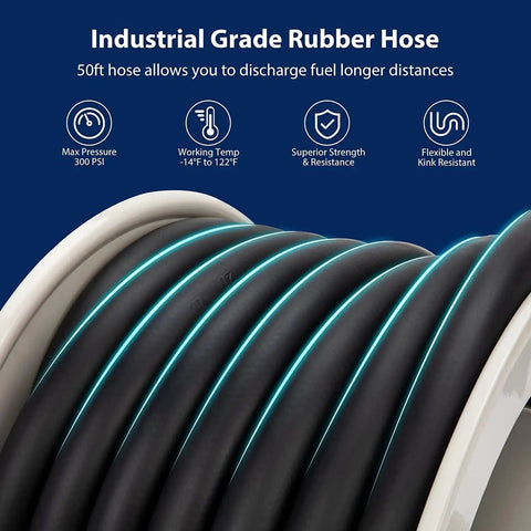 Close-up of 1 Inch By 50 Foot Fuel Hose Reel With Spring Driven Retractable Design, showcasing black rubber hose coiled on reel, 300 PSI