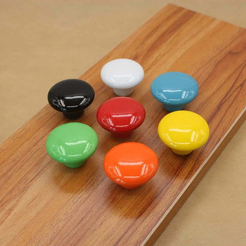 Absolute Game Changer Ceramic Mushroom Drawer Knobs And Cabinet Pull Handles Killer Aesthetic For Dressers And Kitchen Cupboards Rugged 15 Piece Set With Screws, colorful 15 ceramic knobs in green, red, black, and yellow.
