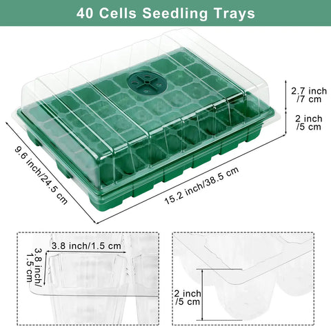 Six Pack Seed Starter Tray Kit With Forty Cell Trays And Humidity Dome, base, mini propagator, dimensions labeled.