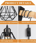 Product details showing Plug In Wall Sconce Set Of Two With Wood Arm And Diamond Cage Shade Black Rustic Farmhouse Lighting.