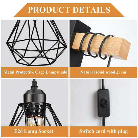 Product details showing Plug In Wall Sconce Set Of Two With Wood Arm And Diamond Cage Shade Black Rustic Farmhouse Lighting.