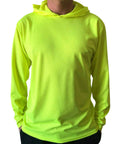 Man wearing Hi Viz Hooded Long Sleeve Safety Work Shirt 2 Pack Neon Yellow Breathable Birdseye Polyester UPF 50 Plus Sun Protection.