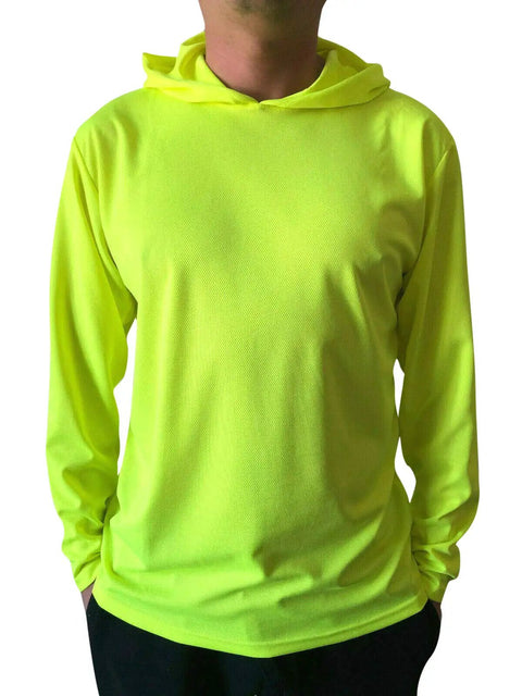 Man wearing Hi Viz Hooded Long Sleeve Safety Work Shirt 2 Pack Neon Yellow Breathable Birdseye Polyester UPF 50 Plus Sun Protection.