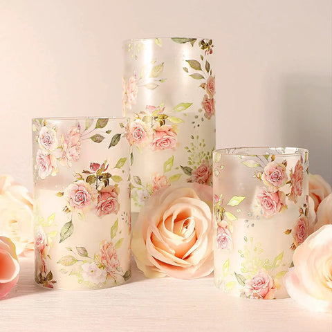 Pink Rose Flameless Candles Set Of 3 With Remote LED Glass Real Wax Look Romantic Date Night Vibes Home Wedding Bedroom