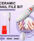 Side view of a white ceramic cone nail drill bit with metal shank and red band beside a clear plastic case