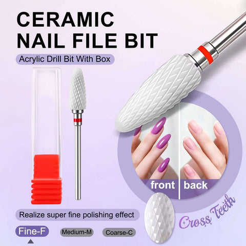 Side view of a white ceramic cone nail drill bit with metal shank and red band beside a clear plastic case