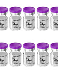 Ten 5ml sterile clear glass vials with purple caps, front view