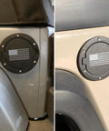 Gas Cap Cover For Jeep Wrangler JK 2007 2017 Unlimited Sport Rubicon Sahara Easy To Install Rust Resistant Fuel Filler Door Cover With US Flag Durable ABS Construction And Secure Fit installed on vehicle side view