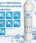 Inline Refrigerator Water Filter With Lead And Scale Protection, 1500 Gallon Capacity, Speed Fit Connect, label details visible.