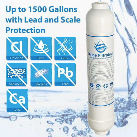 Inline Refrigerator Water Filter With Lead And Scale Protection, 1500 Gallon Capacity, Speed Fit Connect, label details visible.