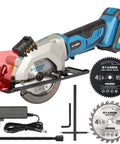G LAXIA blue mini cordless circular saw with laser guide; 4-1/2 in blade, includes 24T/60T blades and charger.